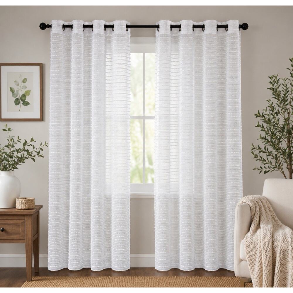 Set of 2 White Textured Sheer Curtain Panels 36x84 Fringe Stripe Grommet